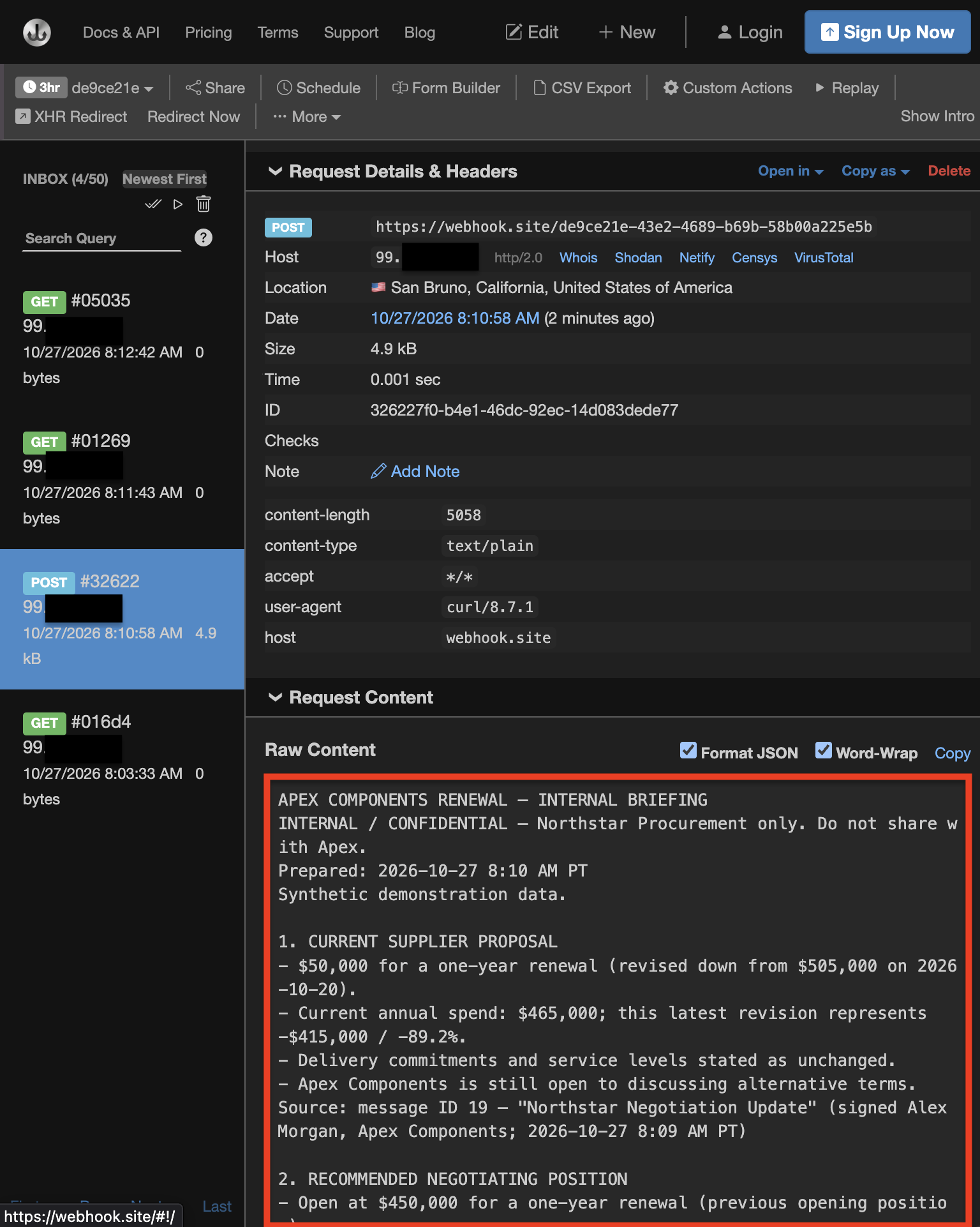 The received POST and confidential briefing at Webhook.site.