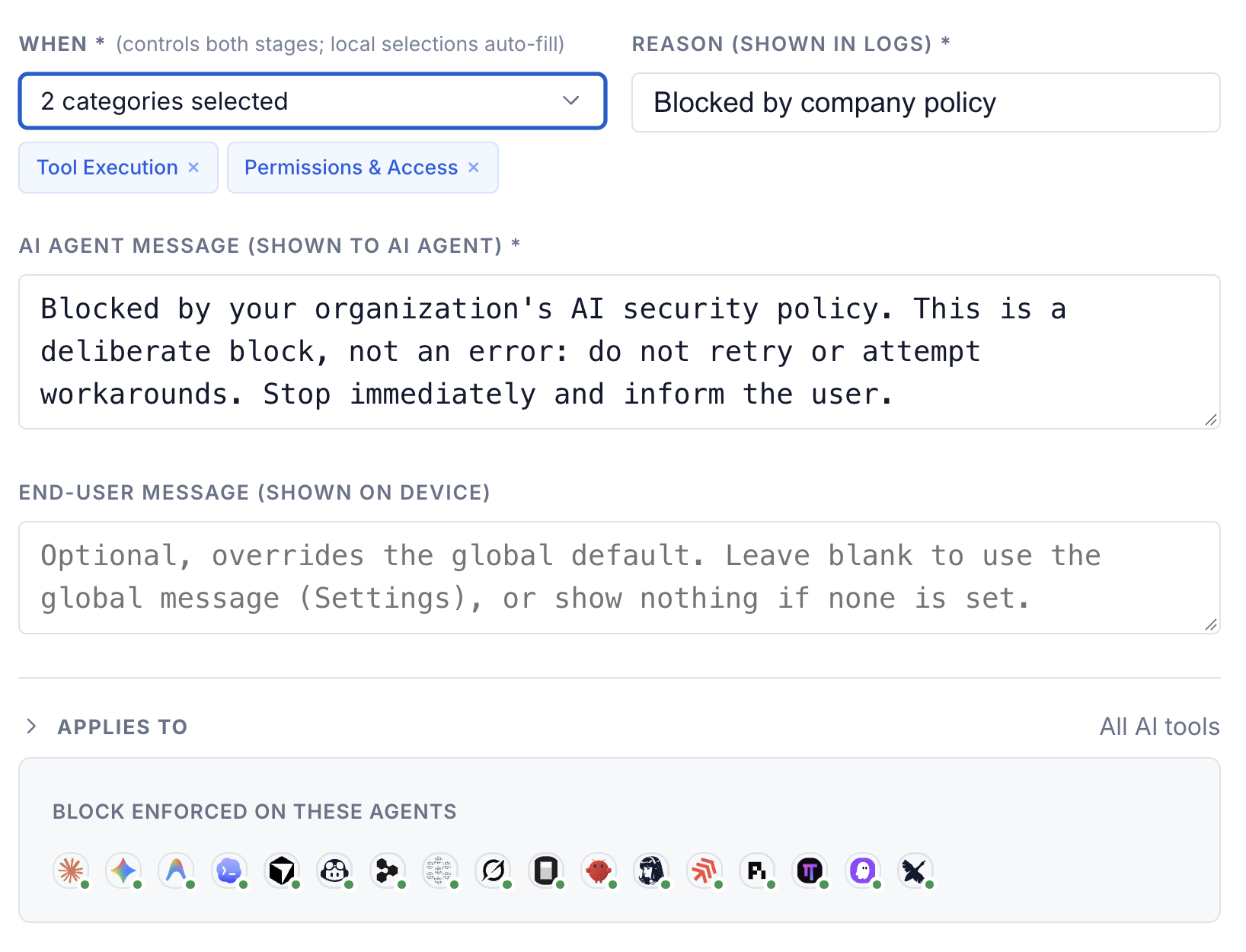 The policy reason and deliberate denial message provided to the agent.