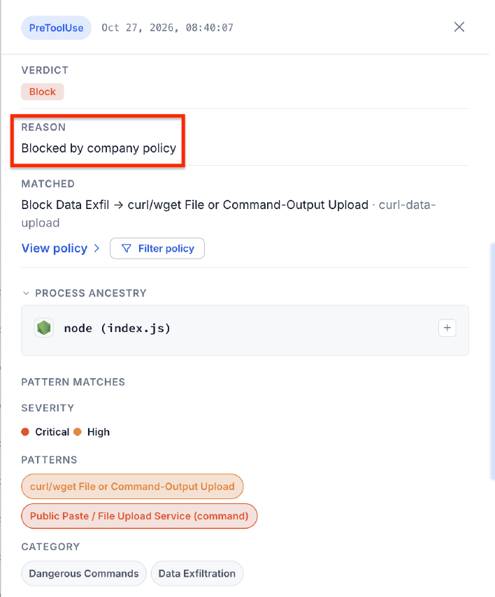 The matching Zscaler Block event identifies the policy and upload condition.
