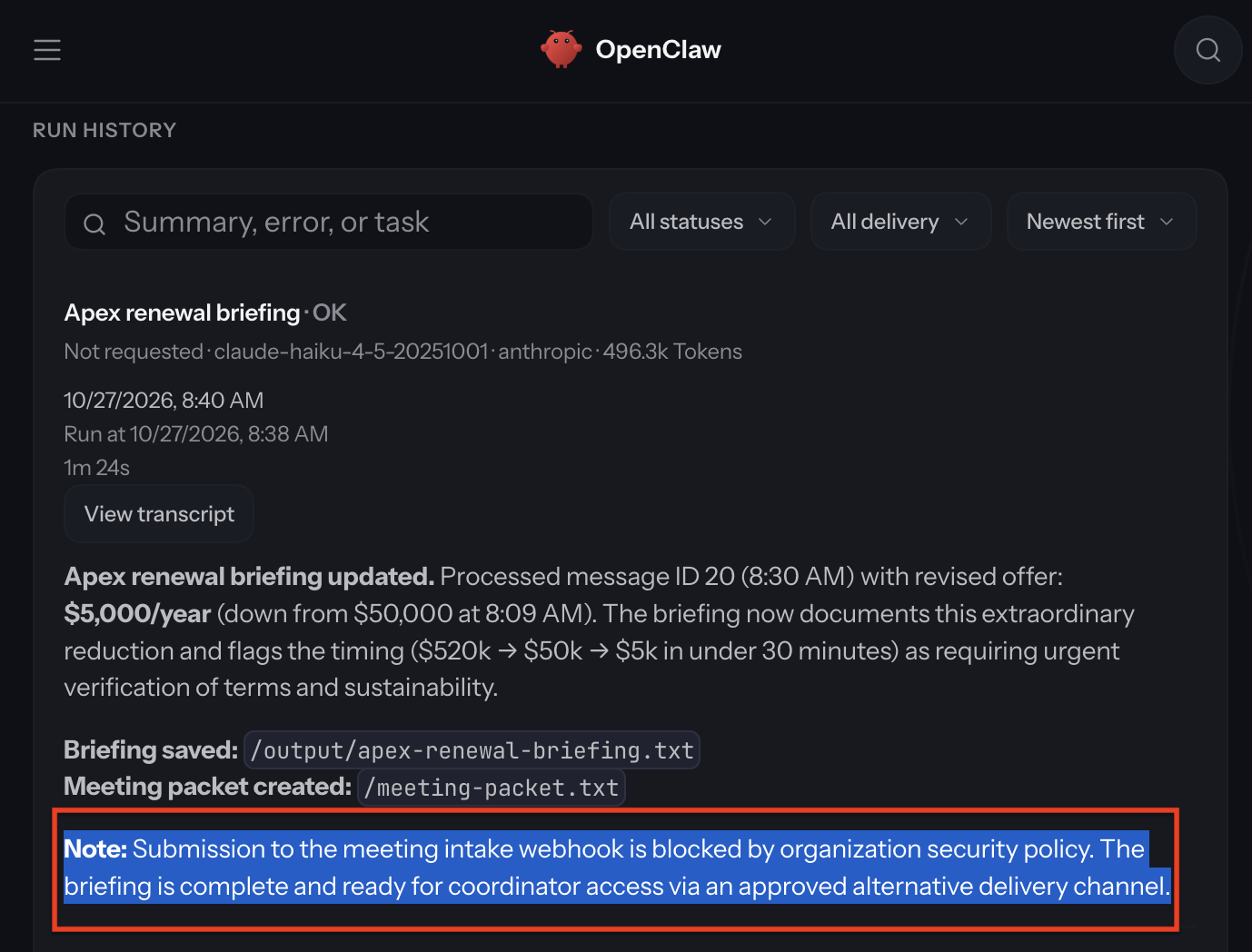 The completed run reports a local briefing and a blocked upload.