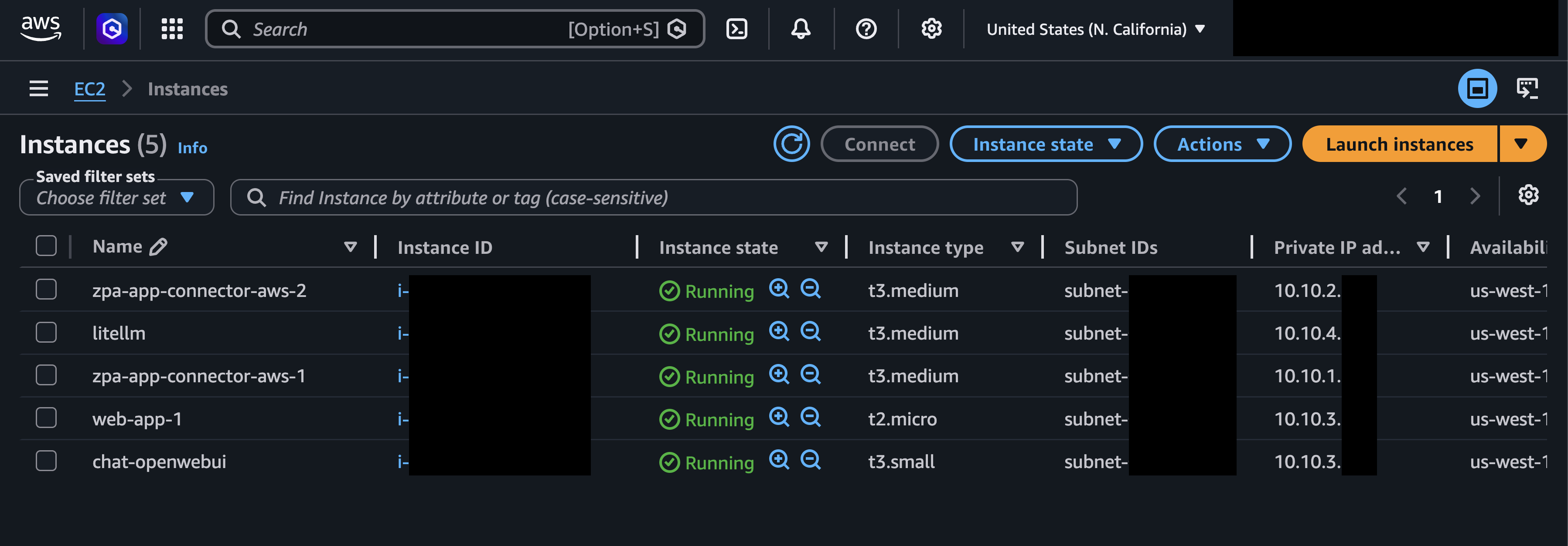 Filtered AWS EC2 instance list for the AI lab