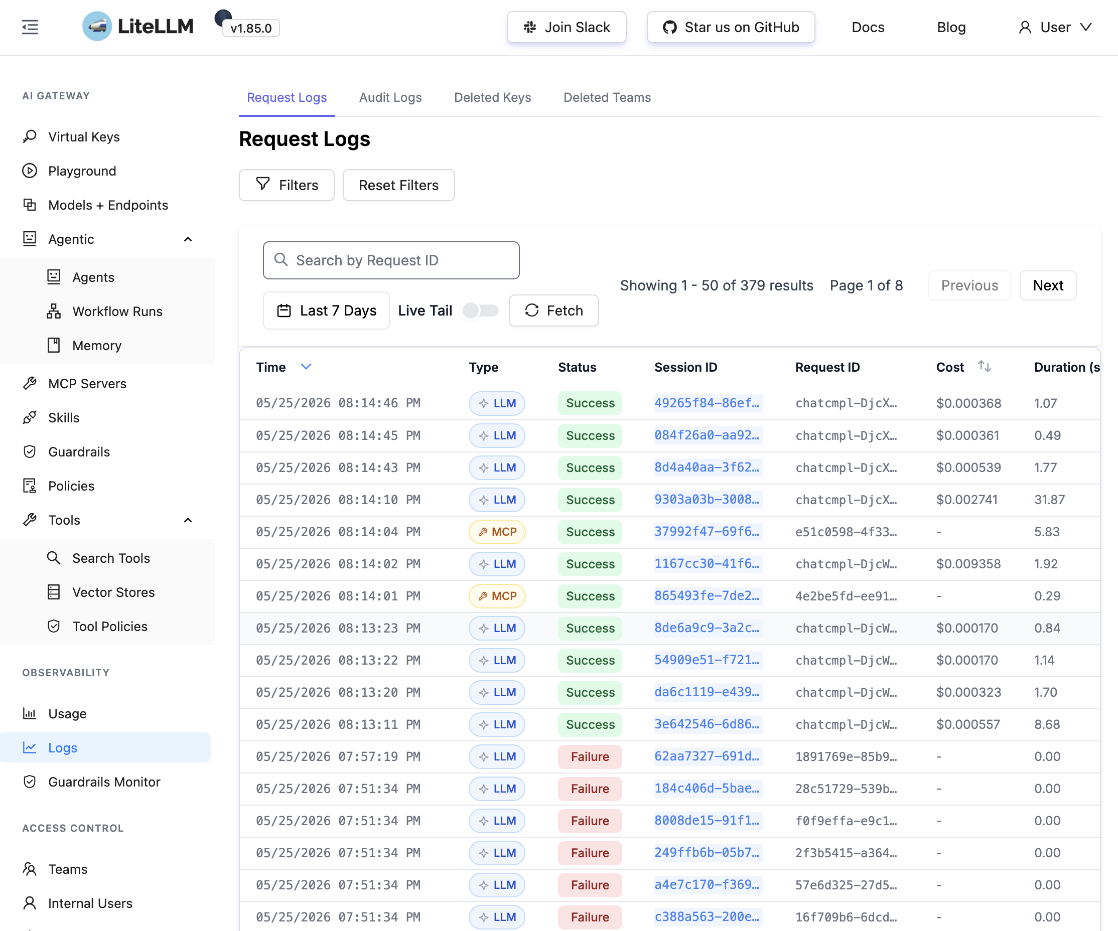 LiteLLM request logs showing LLM and MCP activity